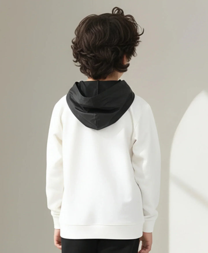 WHITE TAFETTA POCKET BOYS FLEECE HOODIE - WHITE/BLACK - Anthrilo 