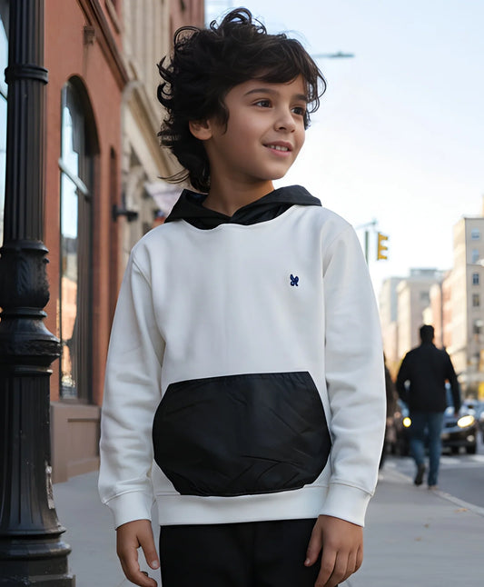 WHITE TAFETTA POCKET BOYS FLEECE HOODIE - WHITE/BLACK
