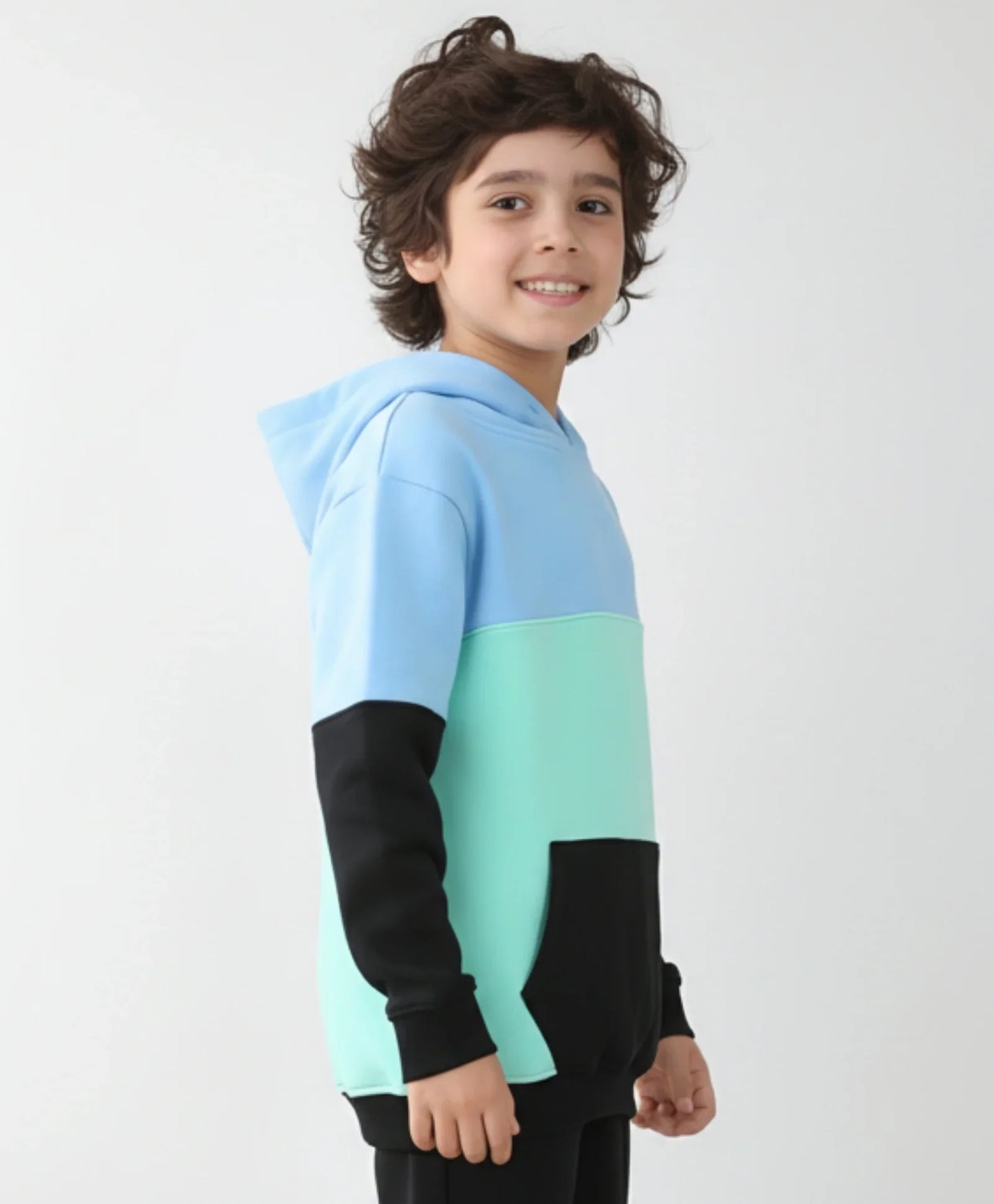 SEAGREEN BLUE BLACK BOYS COLOR BLOCK FLEECE HOODIE - BLUE/BLACK