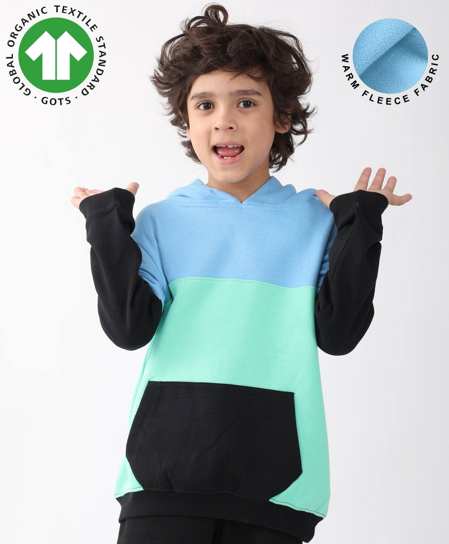 SEAGREEN BLUE BLACK BOYS COLOR BLOCK FLEECE HOODIE - BLUE/BLACK