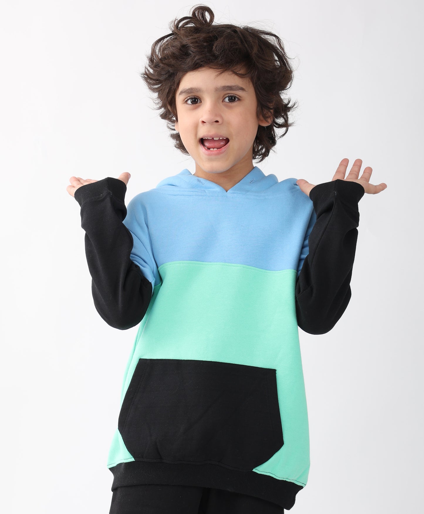 SEAGREEN BLUE BLACK BOYS COLOR BLOCK FLEECE HOODIE - BLUE/BLACK