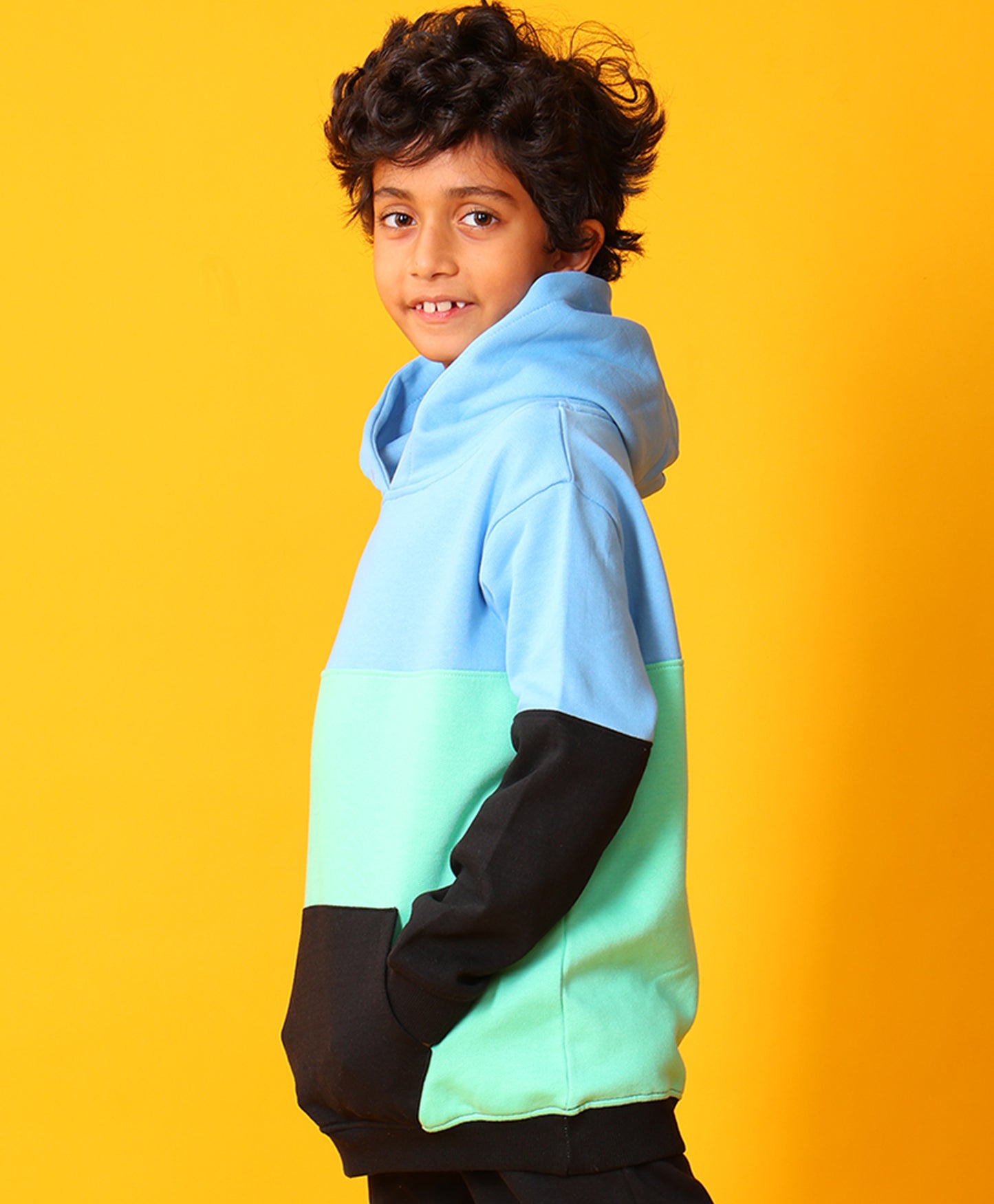 SEAGREEN BLUE BLACK BOYS COLOR BLOCK FLEECE HOODIE - BLUE/BLACK