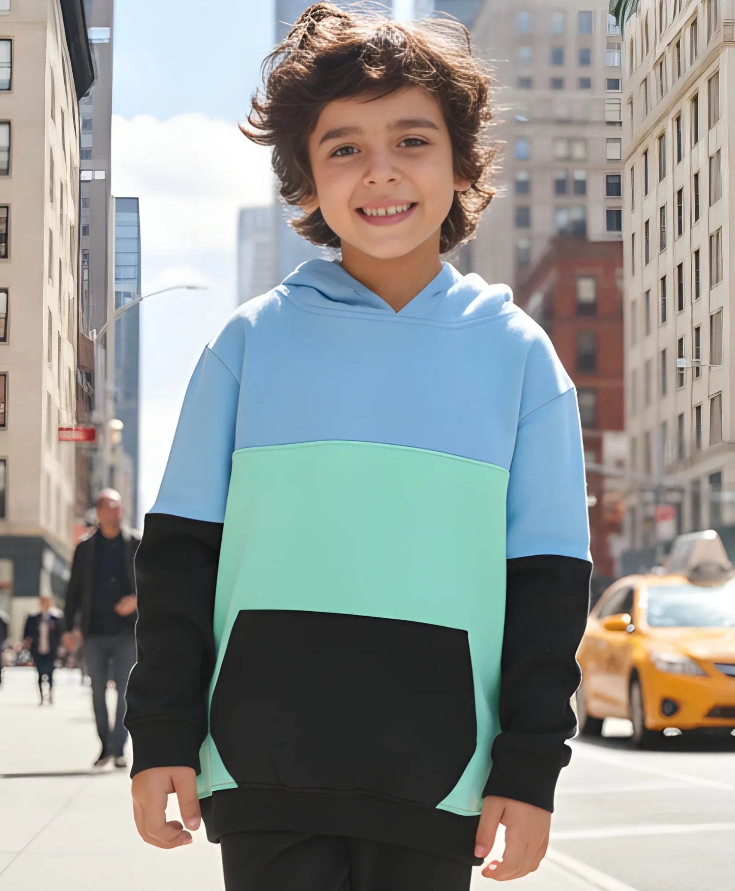 SEAGREEN BLUE BLACK BOYS COLOR BLOCK FLEECE HOODIE - BLUE/BLACK