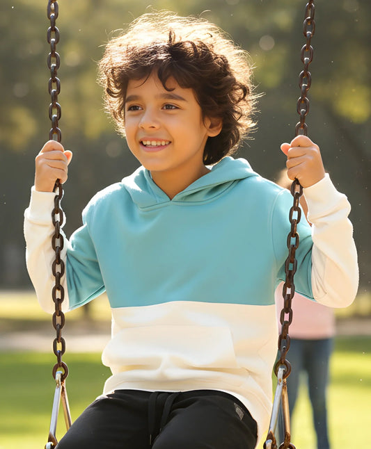 OIL GREEN COLOR BLOCK BOYS FLEECE HOODIE - OIL GREEN WHITE