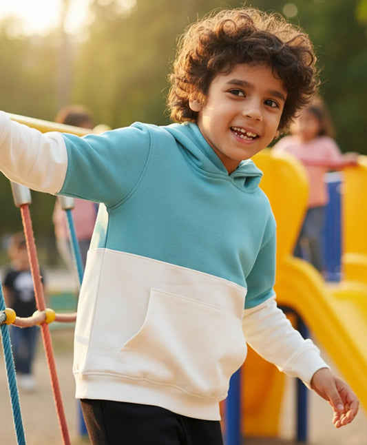 OIL GREEN COLOR BLOCK BOYS FLEECE HOODIE - OIL GREEN WHITE