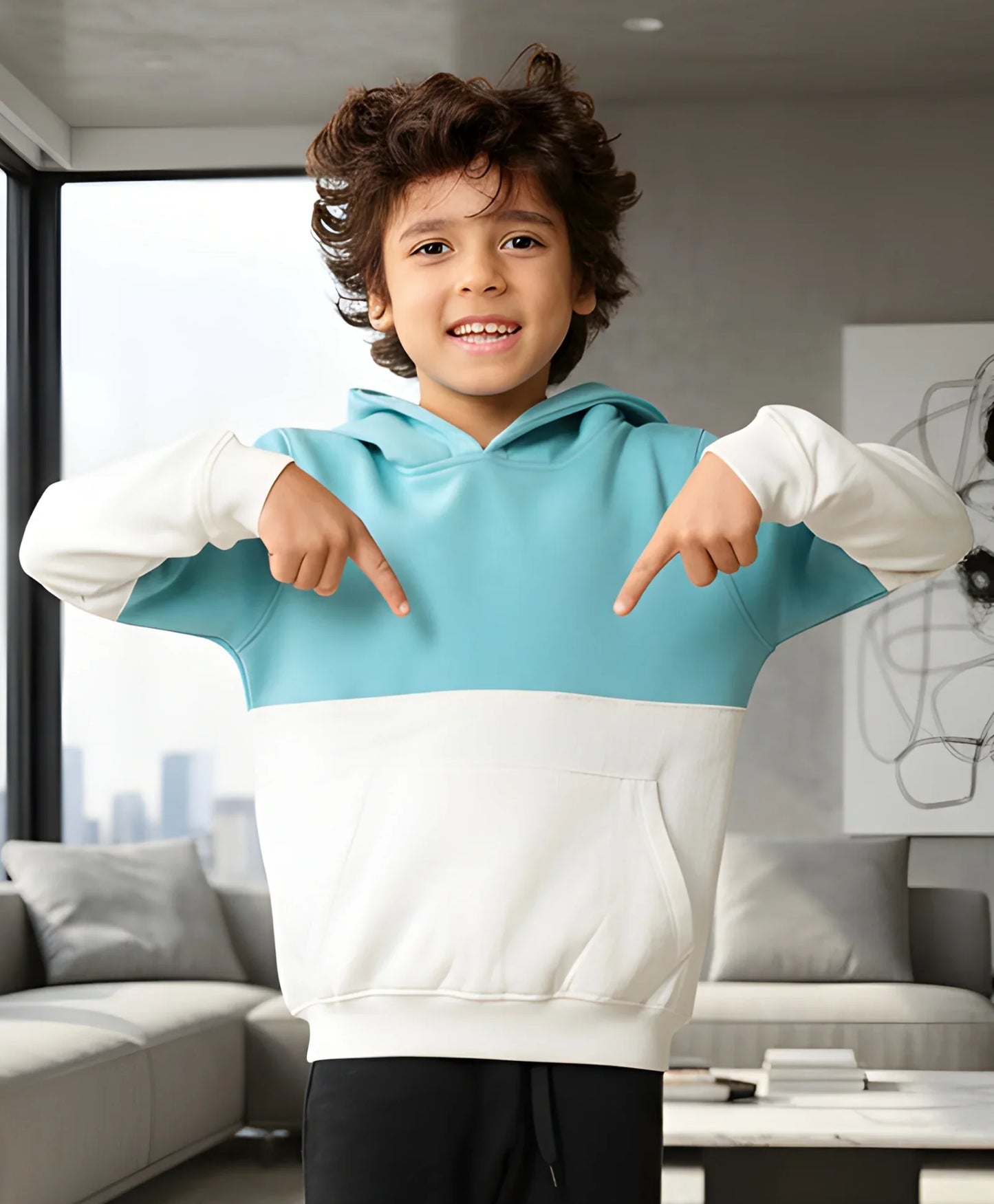 OIL GREEN COLOR BLOCK BOYS FLEECE HOODIE - OIL GREEN WHITE