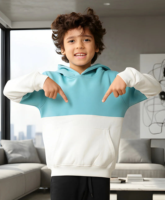 OIL GREEN COLOR BLOCK BOYS FLEECE HOODIE - OIL GREEN WHITE