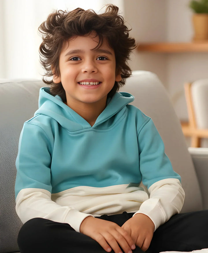 OIL GREEN COLOR BLOCK BOYS FLEECE HOODIE - OIL GREEN WHITE - Anthrilo 