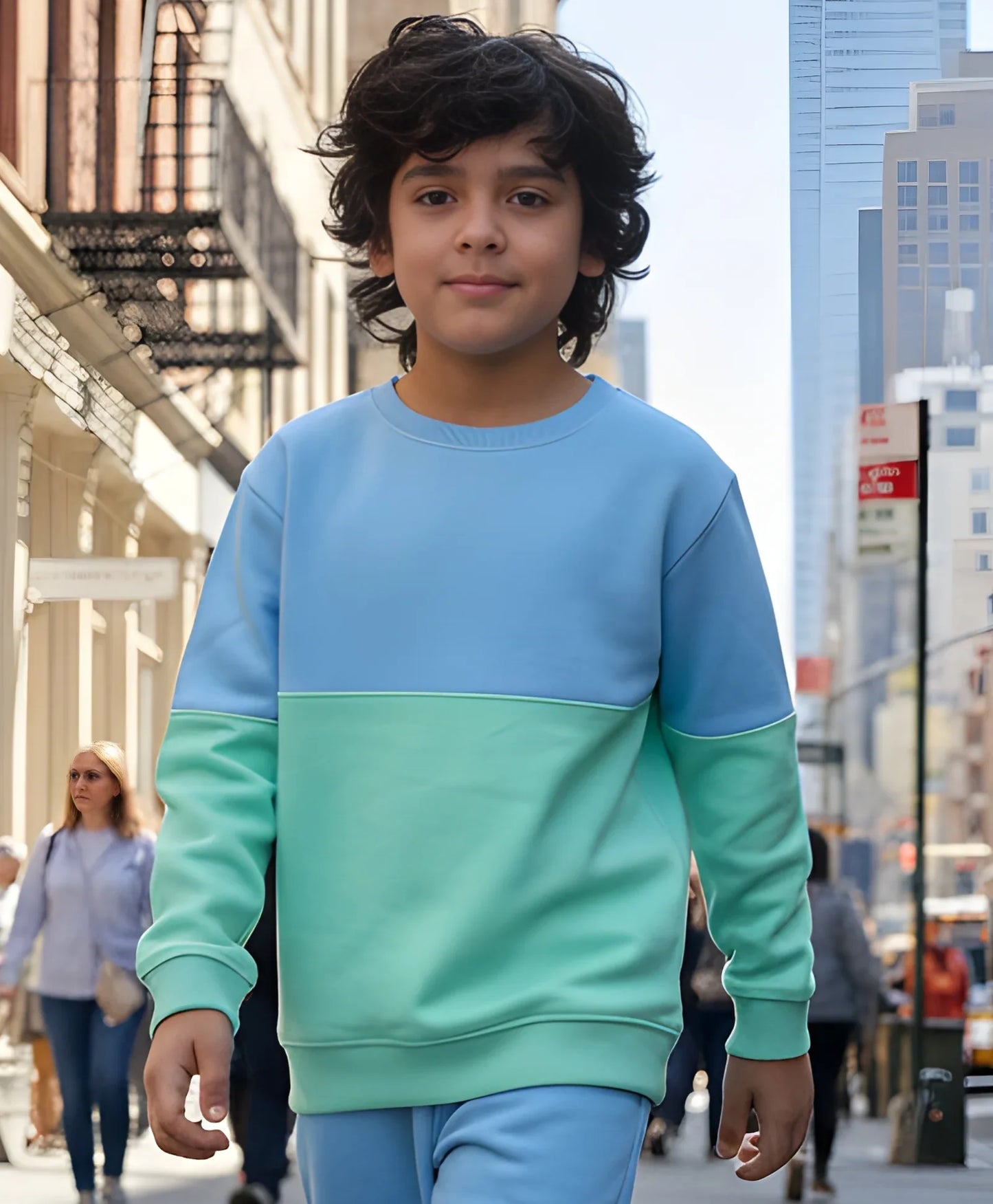 BLUE GREEN COLOR BLOCK BOYS FLEECE SWEATSHIRT - BLUE/GREEN