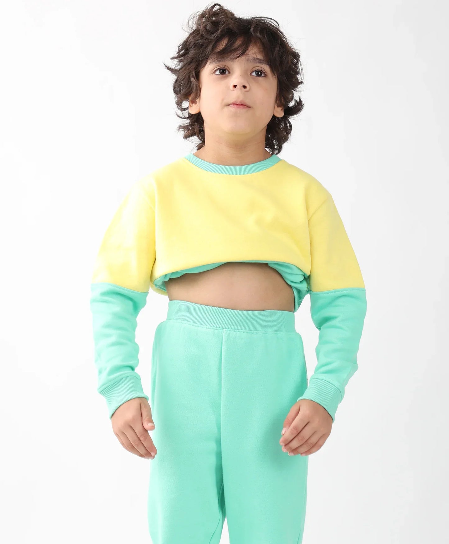 YELLOW GREEN COLOR BLOCK BOYS FLEECE SWEATSHIRT - YELLOW/GREEN