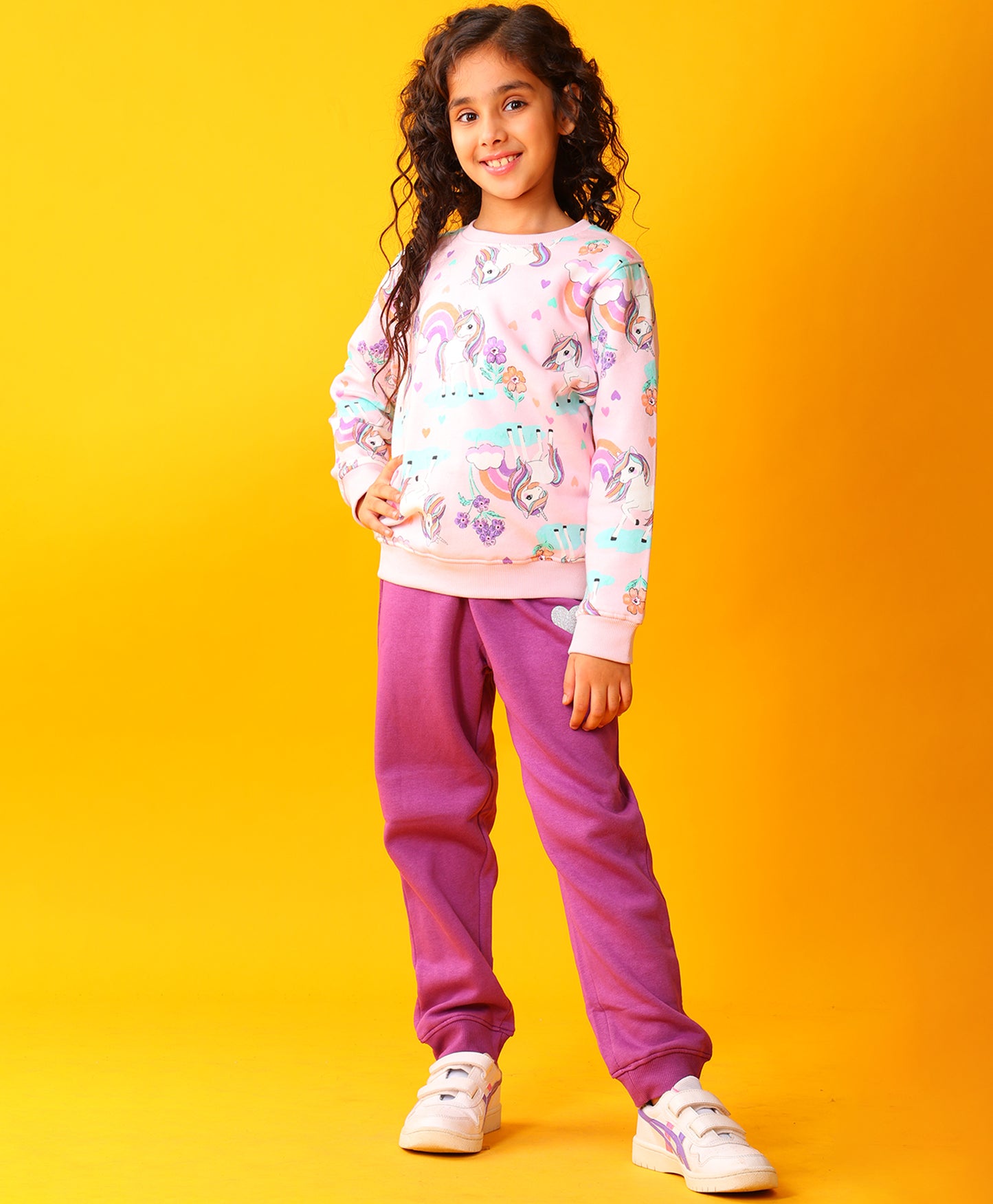 UNICORN HEART GIRLS FLEECE SWEATSHIRT PURPLE JOGGER SET - PINK/PURPLE