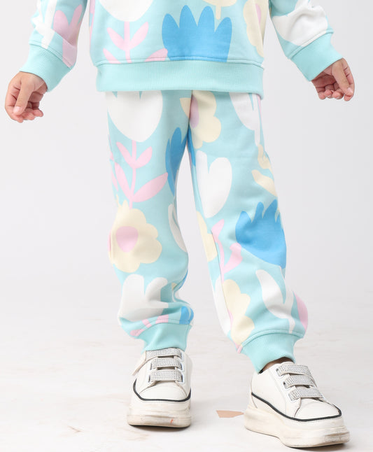 AQUA FLOWER FLEECE GIRLS JOGGER - AQUA