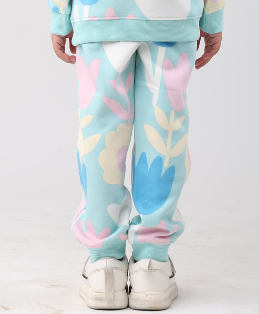 AQUA FLOWER FLEECE GIRLS JOGGER - AQUA