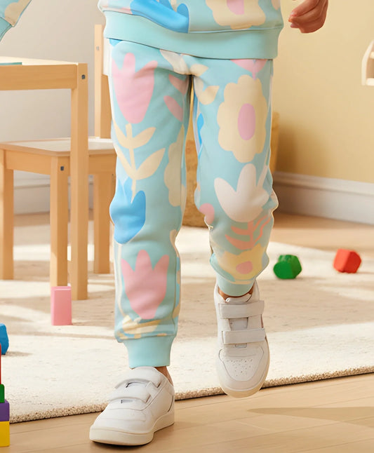 AQUA FLOWER FLEECE GIRLS JOGGER - AQUA