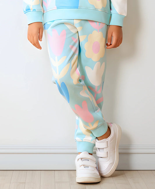 AQUA FLOWER FLEECE GIRLS JOGGER - AQUA