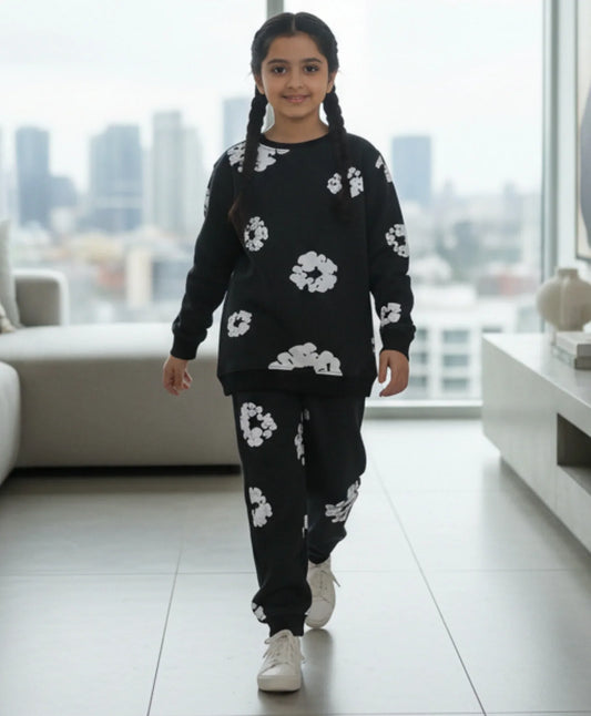 POP BLACK & WHITE GIRLS FLEECE SWEATSHIRT JOGGER WINTER SET - BLACK