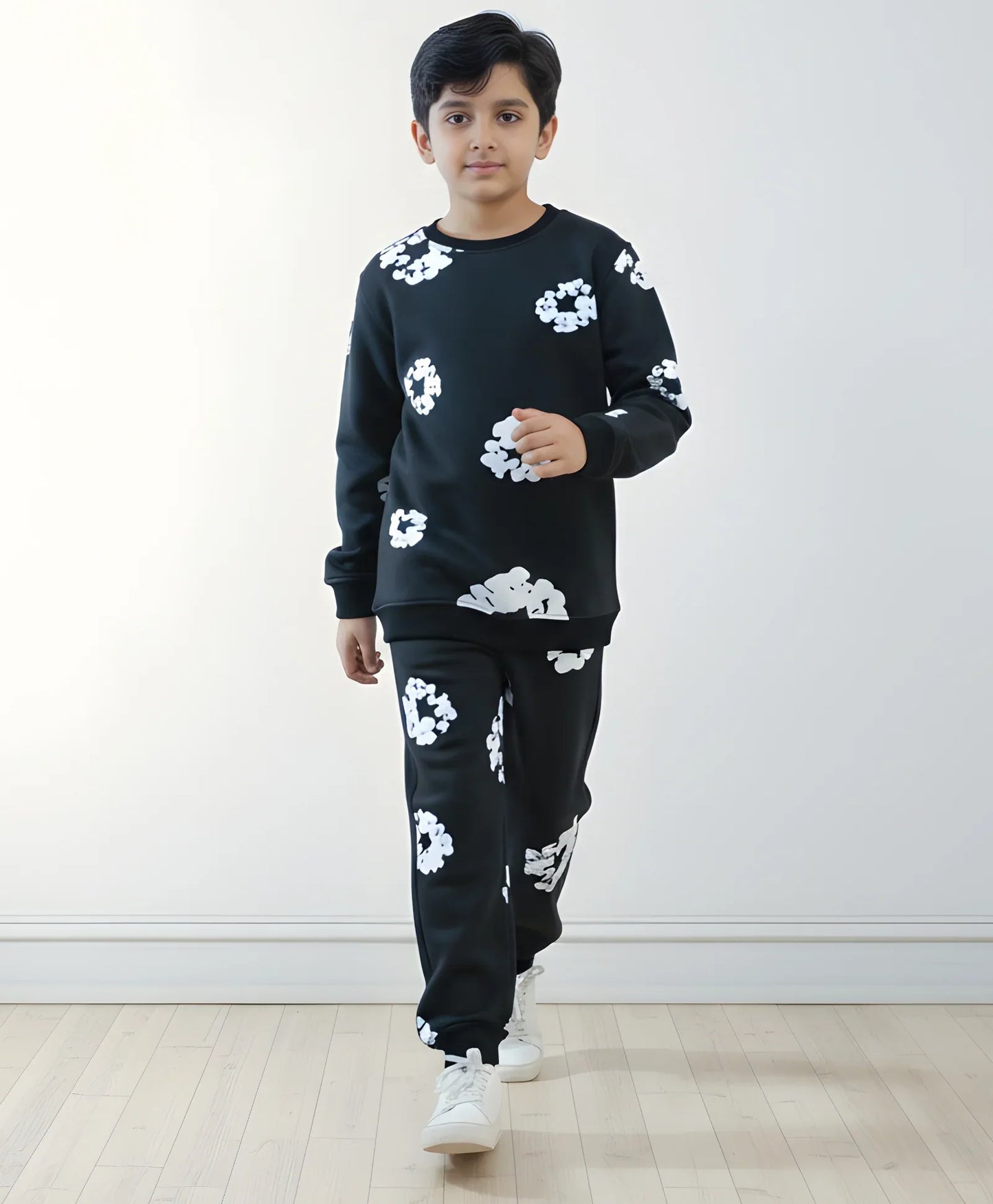 POP BLACK & WHITE BOYS FLEECE SWEATSHIRT JOGGER WINTER SET - BLACK