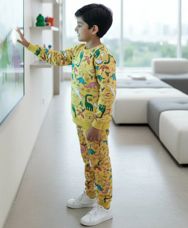RAINING DINOSAUR BOYS FLEECE SWEATSHIRT JOGGER SET - YELLOW - Anthrilo 