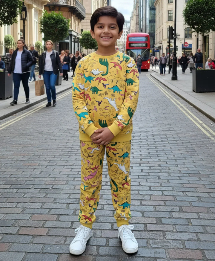 RAINING DINOSAUR BOYS FLEECE SWEATSHIRT JOGGER SET - YELLOW - Anthrilo 