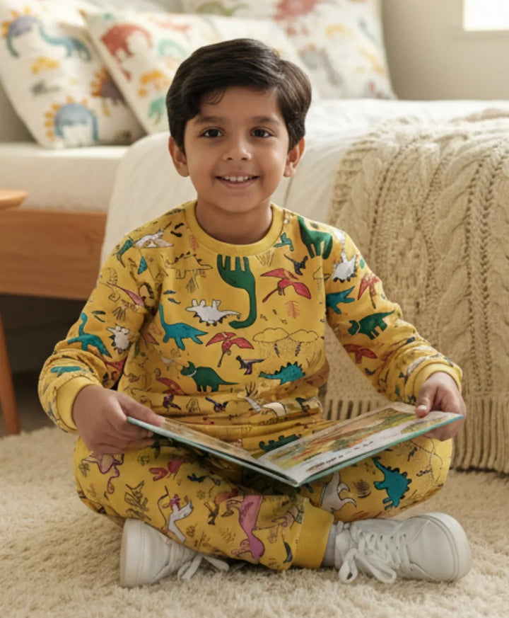 RAINING DINOSAUR BOYS FLEECE SWEATSHIRT JOGGER SET - YELLOW - Anthrilo 