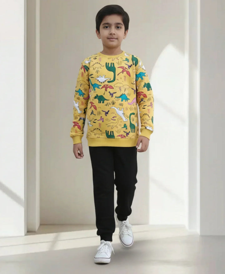 RAINING DINOSAUR BOYS FLEECE SWEATSHIRT BLACK JOGGER SET - YELLOW/BLACK - Anthrilo 