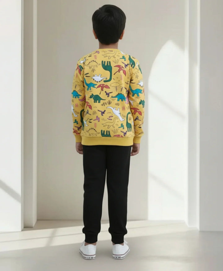 RAINING DINOSAUR BOYS FLEECE SWEATSHIRT BLACK JOGGER SET - YELLOW/BLACK - Anthrilo 