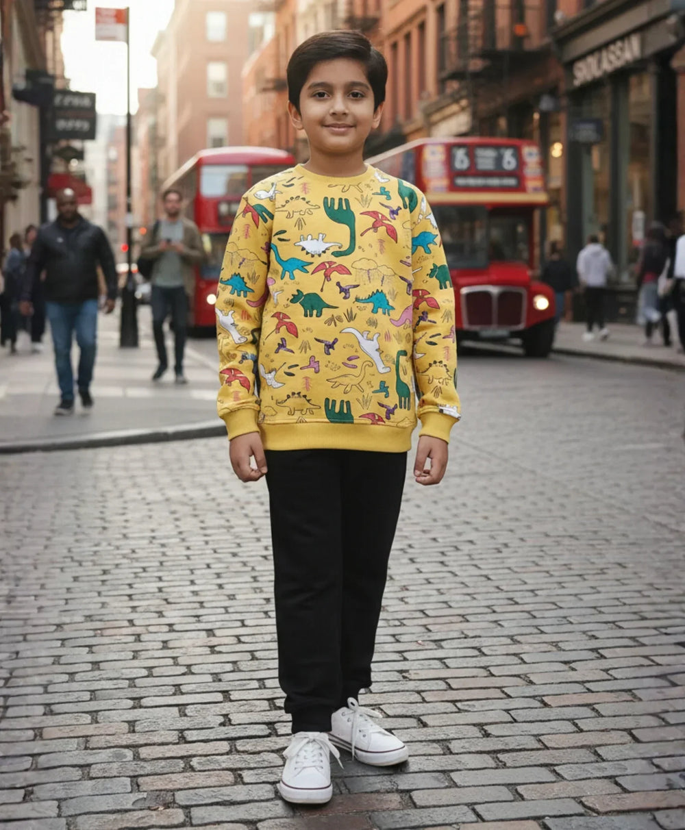 RAINING DINOSAUR BOYS FLEECE SWEATSHIRT BLACK JOGGER SET - YELLOW/BLACK - Anthrilo 