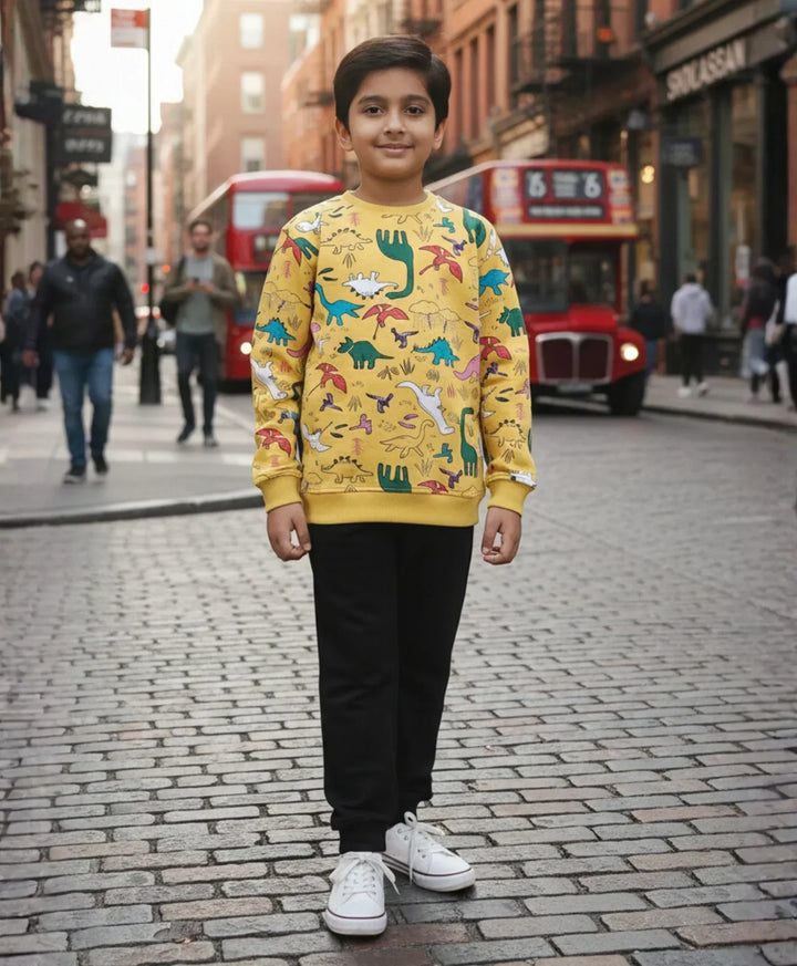 RAINING DINOSAUR BOYS FLEECE SWEATSHIRT BLACK JOGGER SET - YELLOW/BLACK - Anthrilo 
