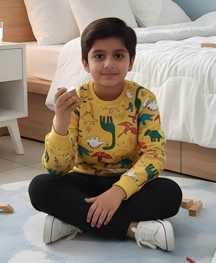 RAINING DINOSAUR BOYS FLEECE SWEATSHIRT BLACK JOGGER SET - YELLOW/BLACK - Anthrilo 