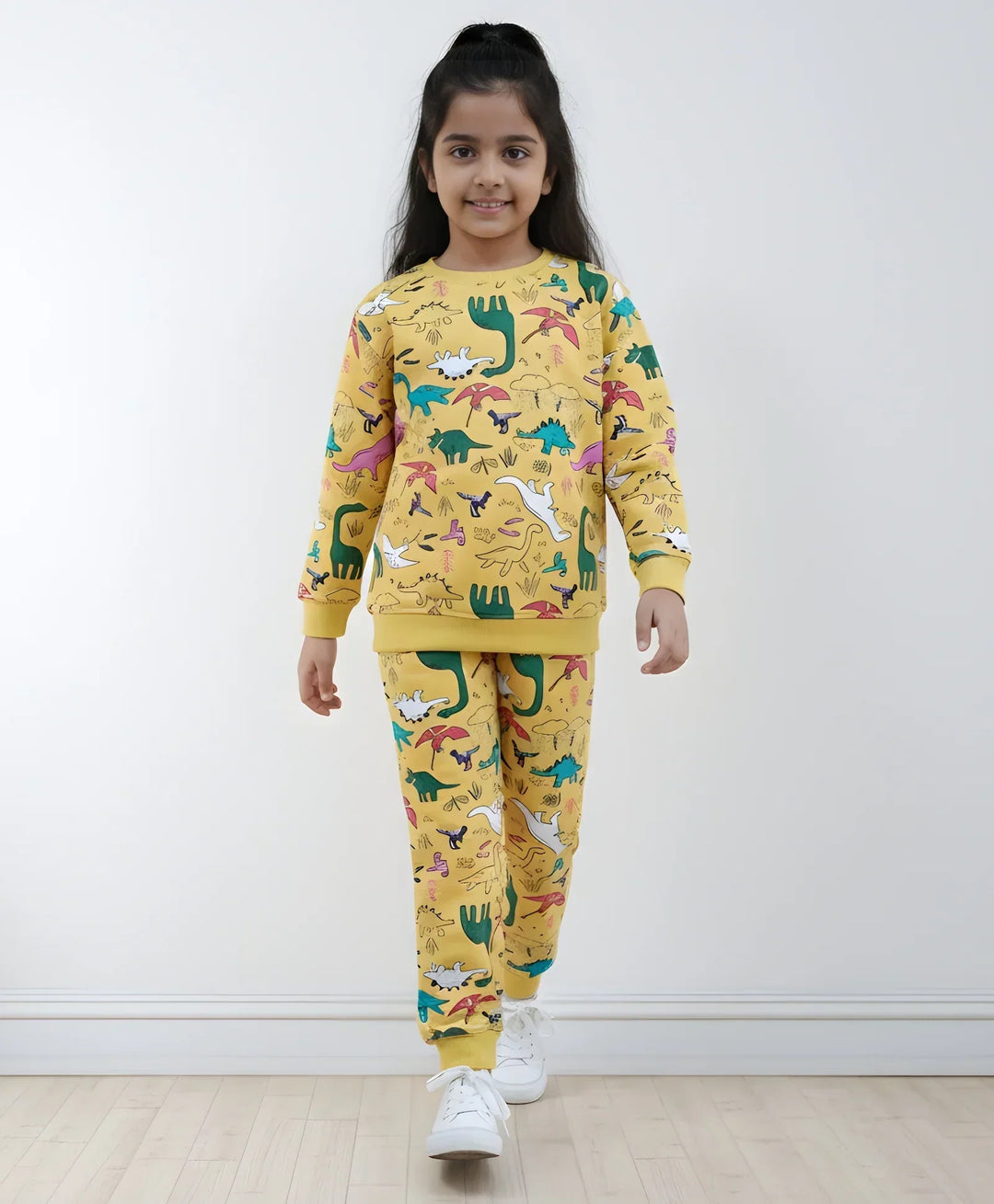 RAINING DINOSAUR GIRLS FLEECE SWEATSHIRT JOGGER SET - YELLOW - Anthrilo 