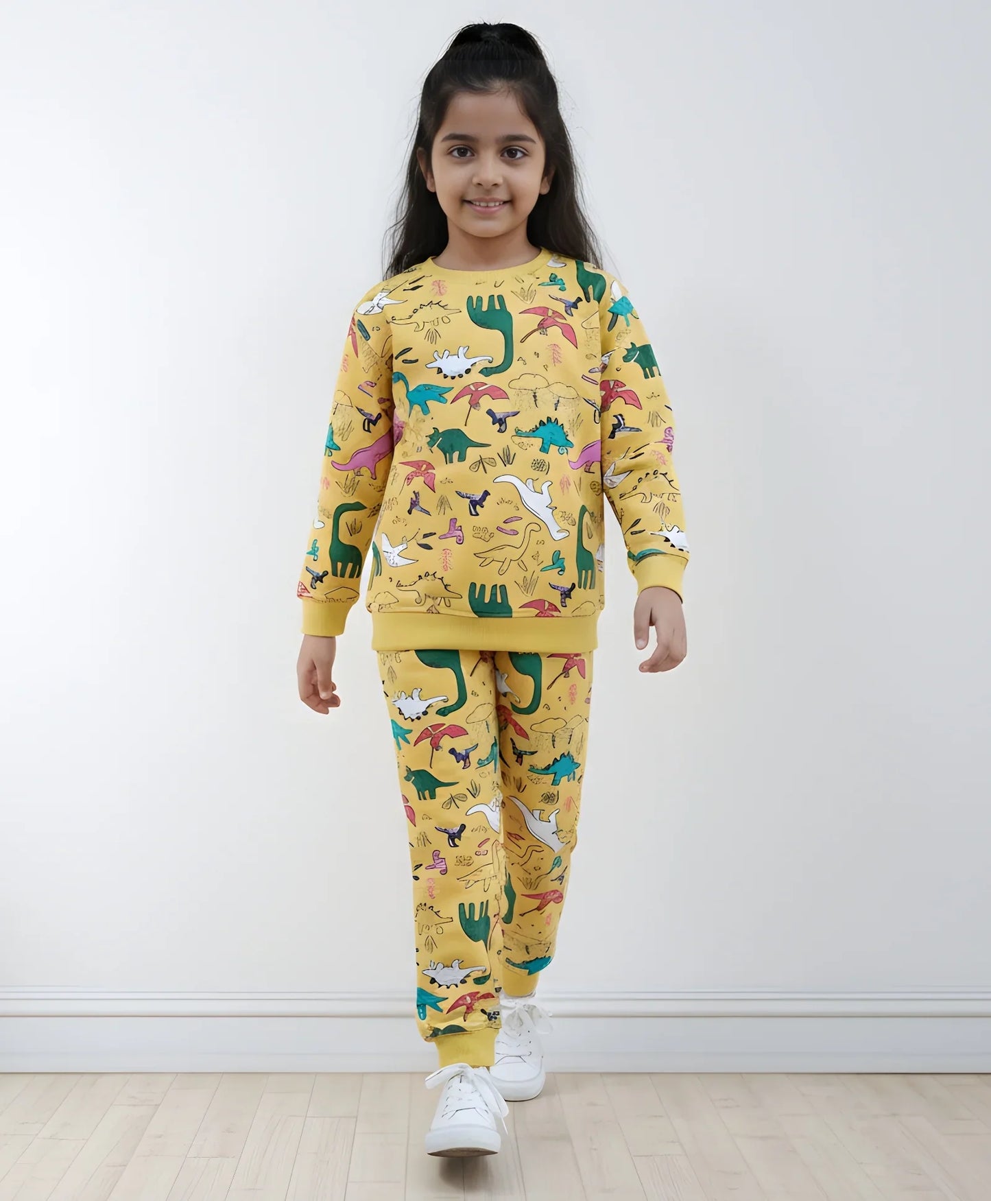 RAINING DINOSAUR GIRLS FLEECE SWEATSHIRT JOGGER SET - YELLOW