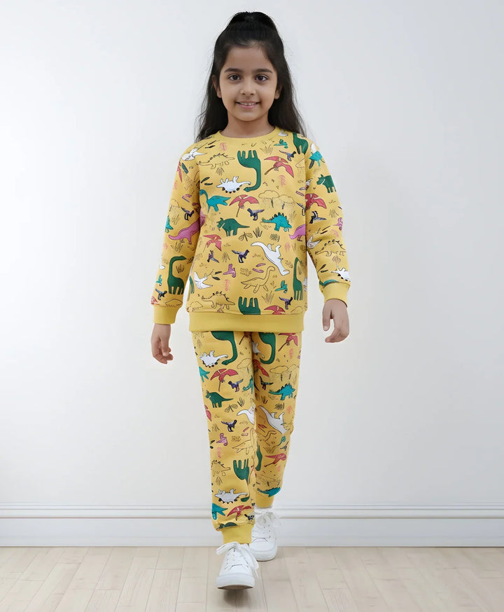 RAINING DINOSAUR GIRLS FLEECE SWEATSHIRT JOGGER SET - YELLOW - Anthrilo 