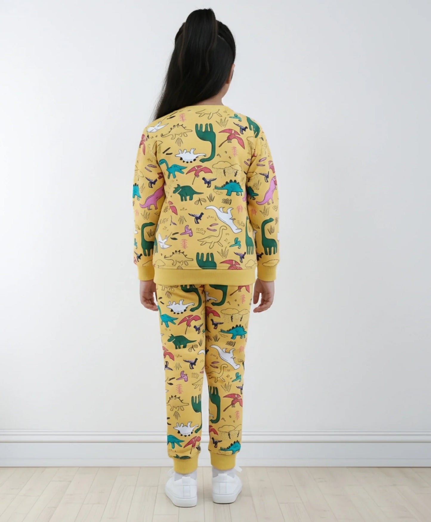 RAINING DINOSAUR GIRLS FLEECE SWEATSHIRT JOGGER SET - YELLOW