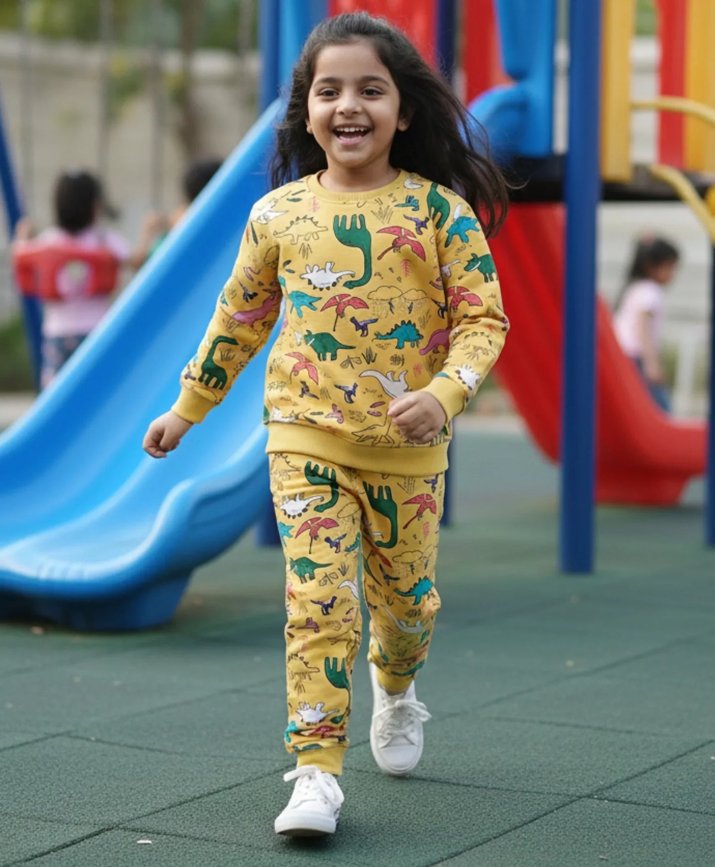 RAINING DINOSAUR GIRLS FLEECE SWEATSHIRT JOGGER SET - YELLOW