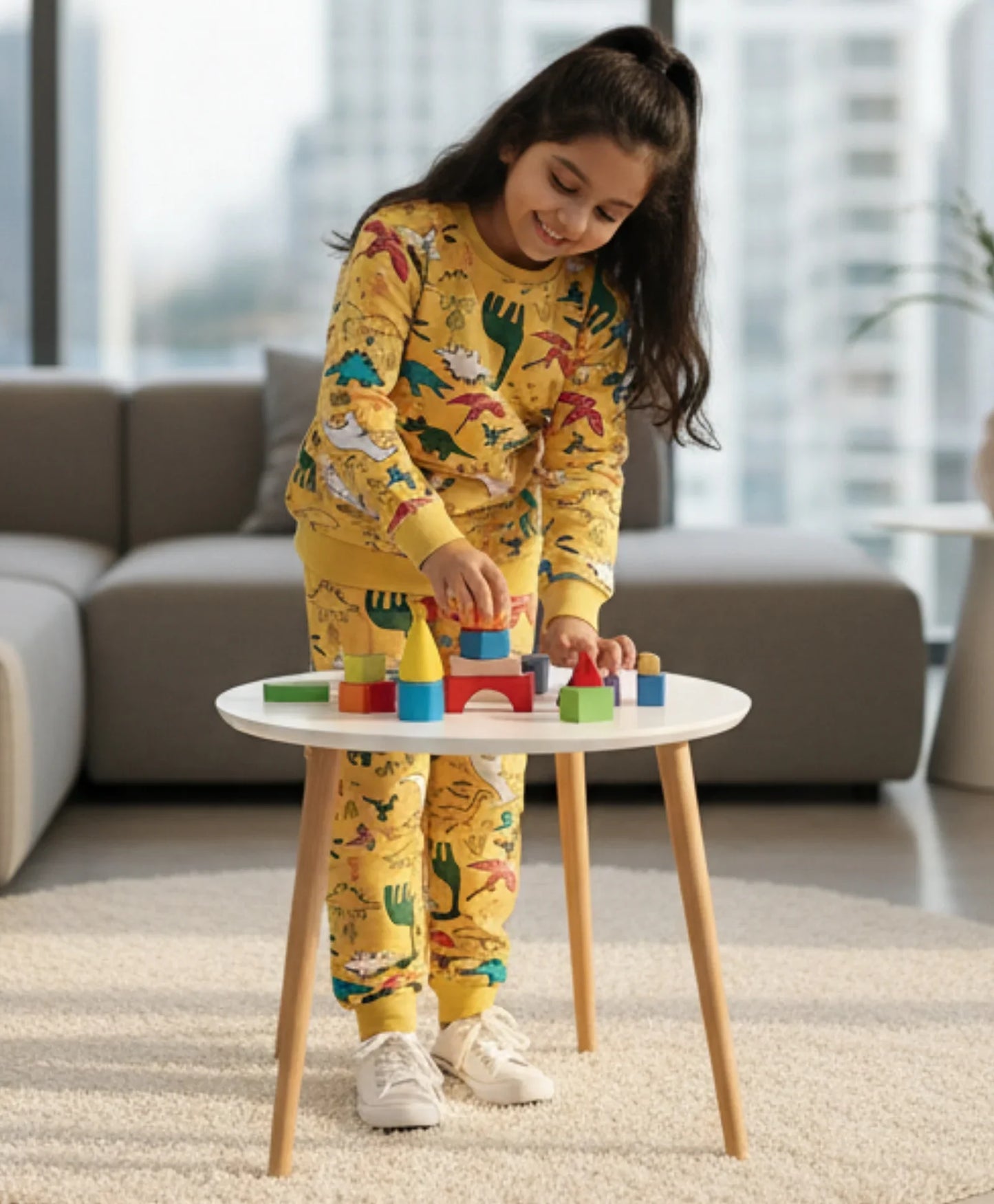 RAINING DINOSAUR GIRLS FLEECE SWEATSHIRT JOGGER SET - YELLOW