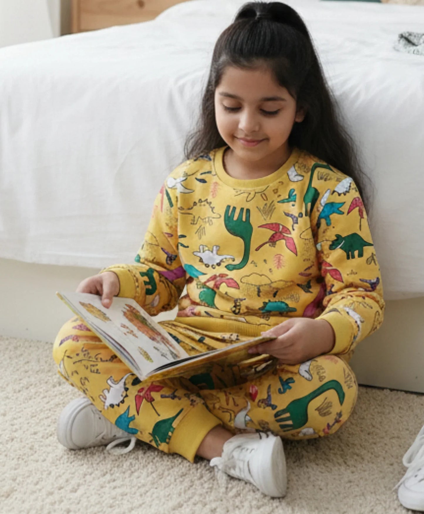 RAINING DINOSAUR GIRLS FLEECE SWEATSHIRT JOGGER SET - YELLOW