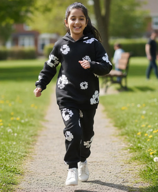 POP BLACK & WHITE GIRLS FLEECE HOODIE JOGGER WINTER SET - BLACK