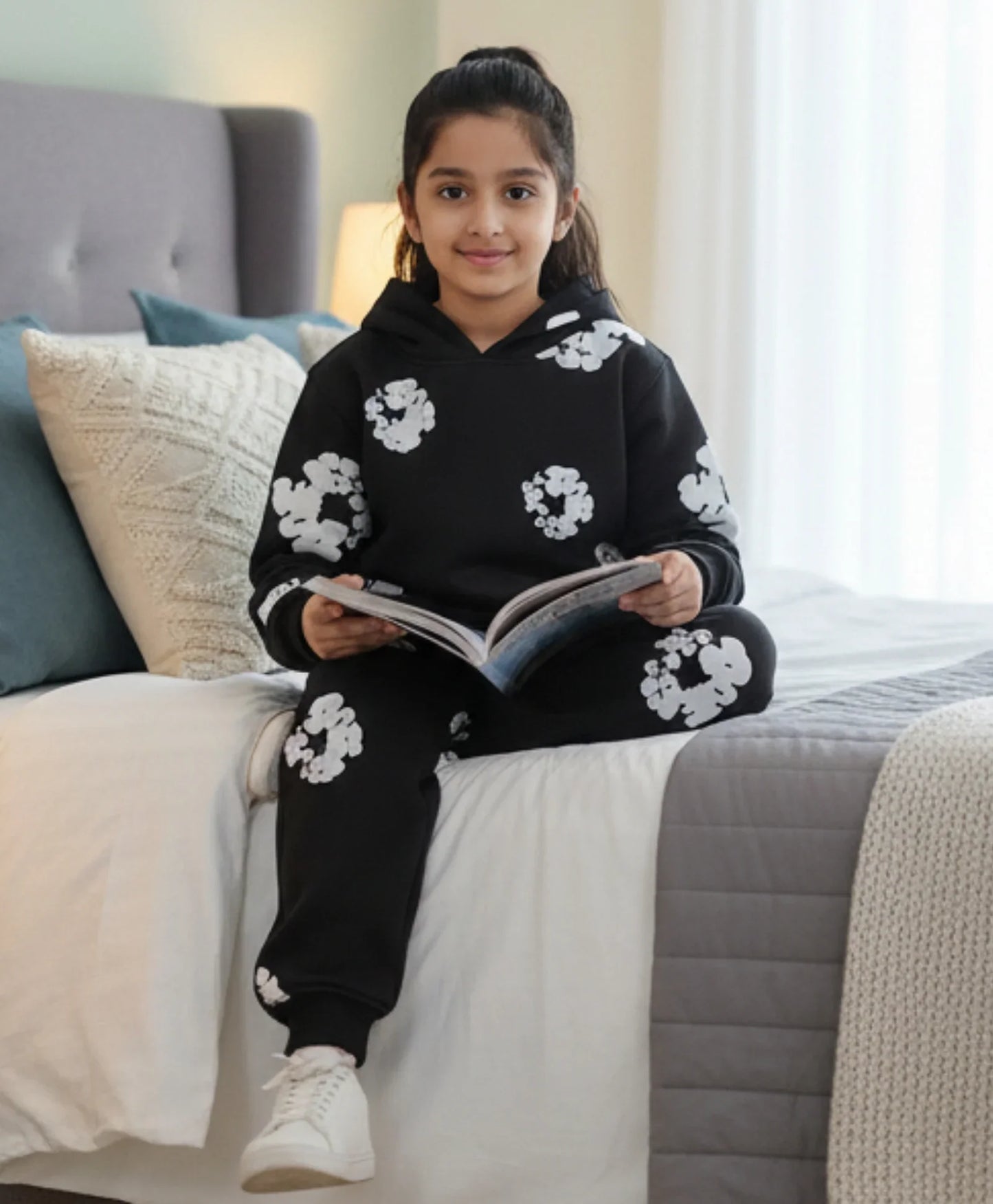 POP BLACK & WHITE GIRLS FLEECE HOODIE JOGGER WINTER SET - BLACK