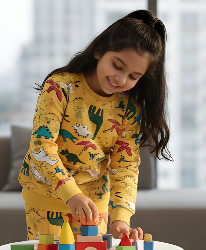 RAINING DINOSAUR GIRLS FLEECE SWEATSHIRT - YELLOW - Anthrilo 