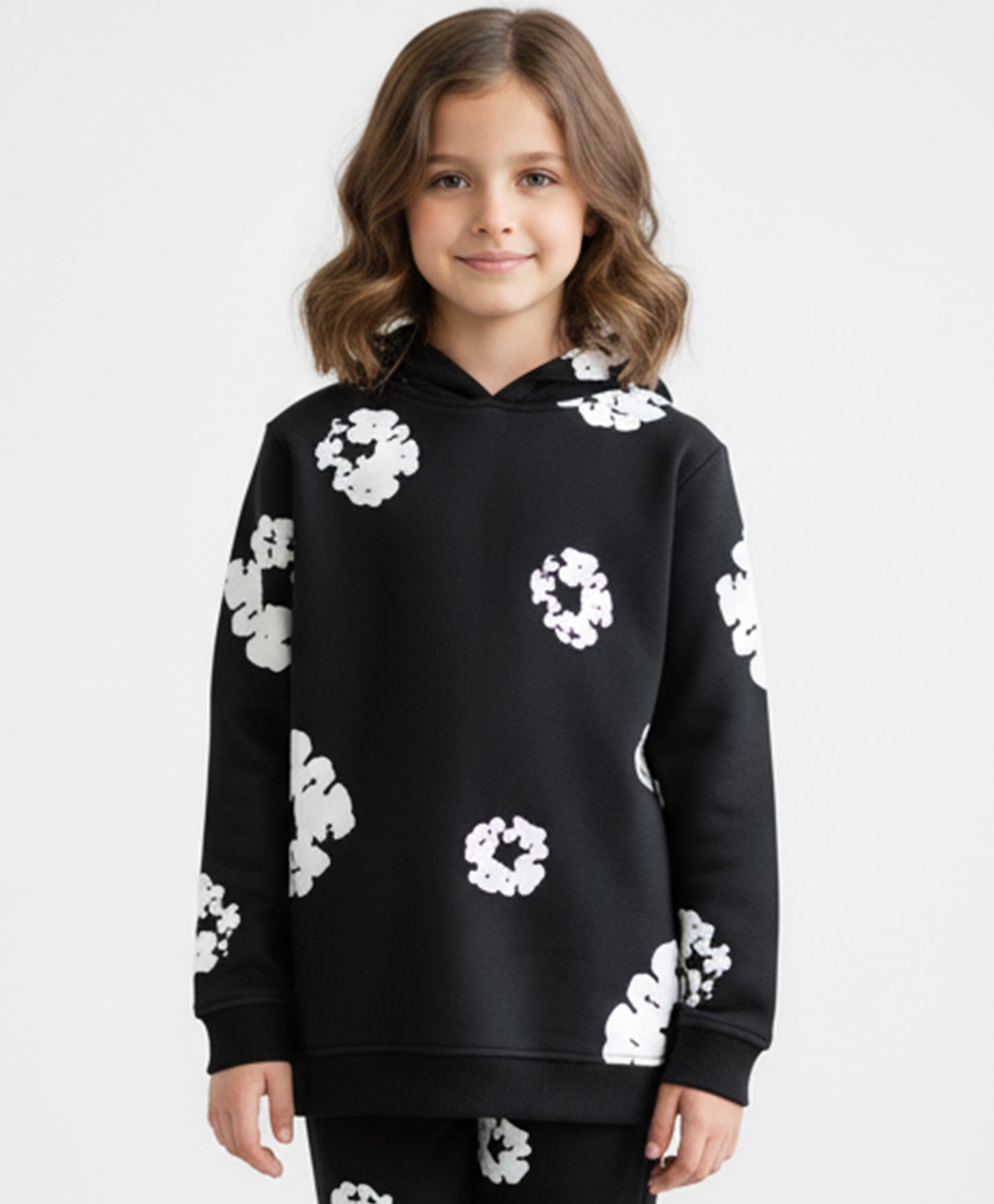 POP BLACK & WHITE GIRLS FLEECE HOODIE - BLACK