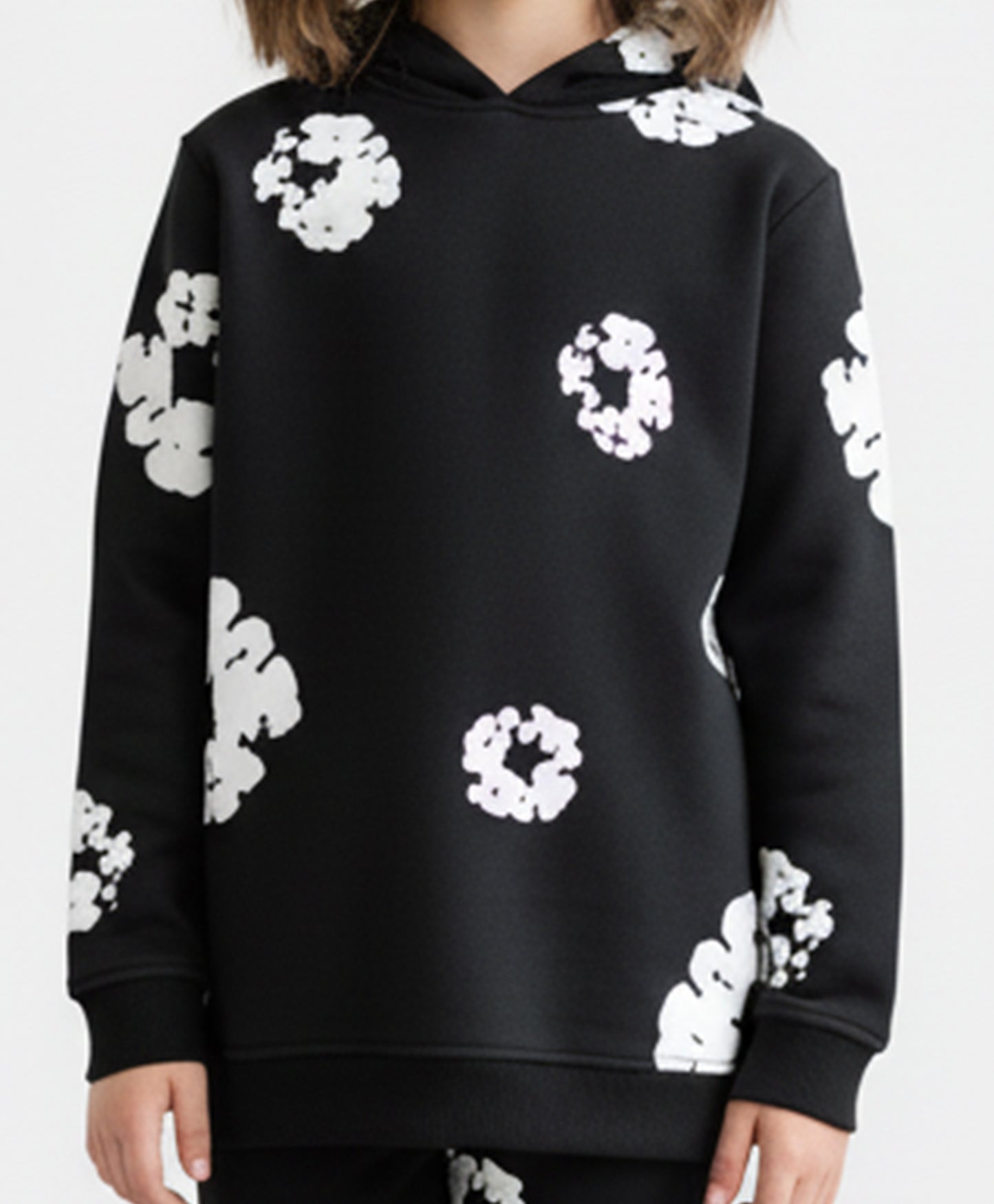 POP BLACK & WHITE GIRLS FLEECE HOODIE - BLACK