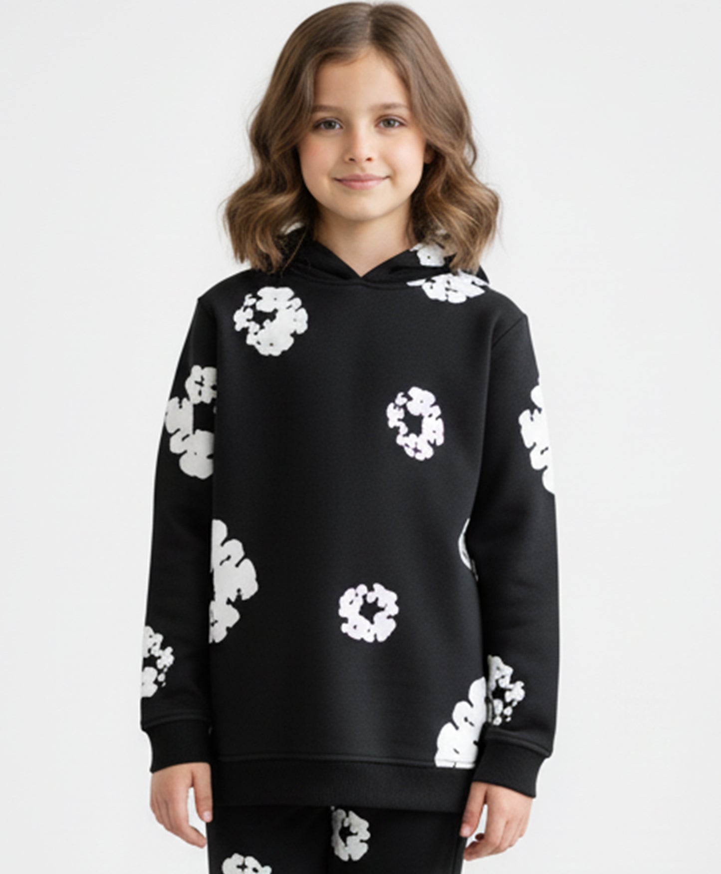 POP BLACK & WHITE GIRLS FLEECE HOODIE - BLACK