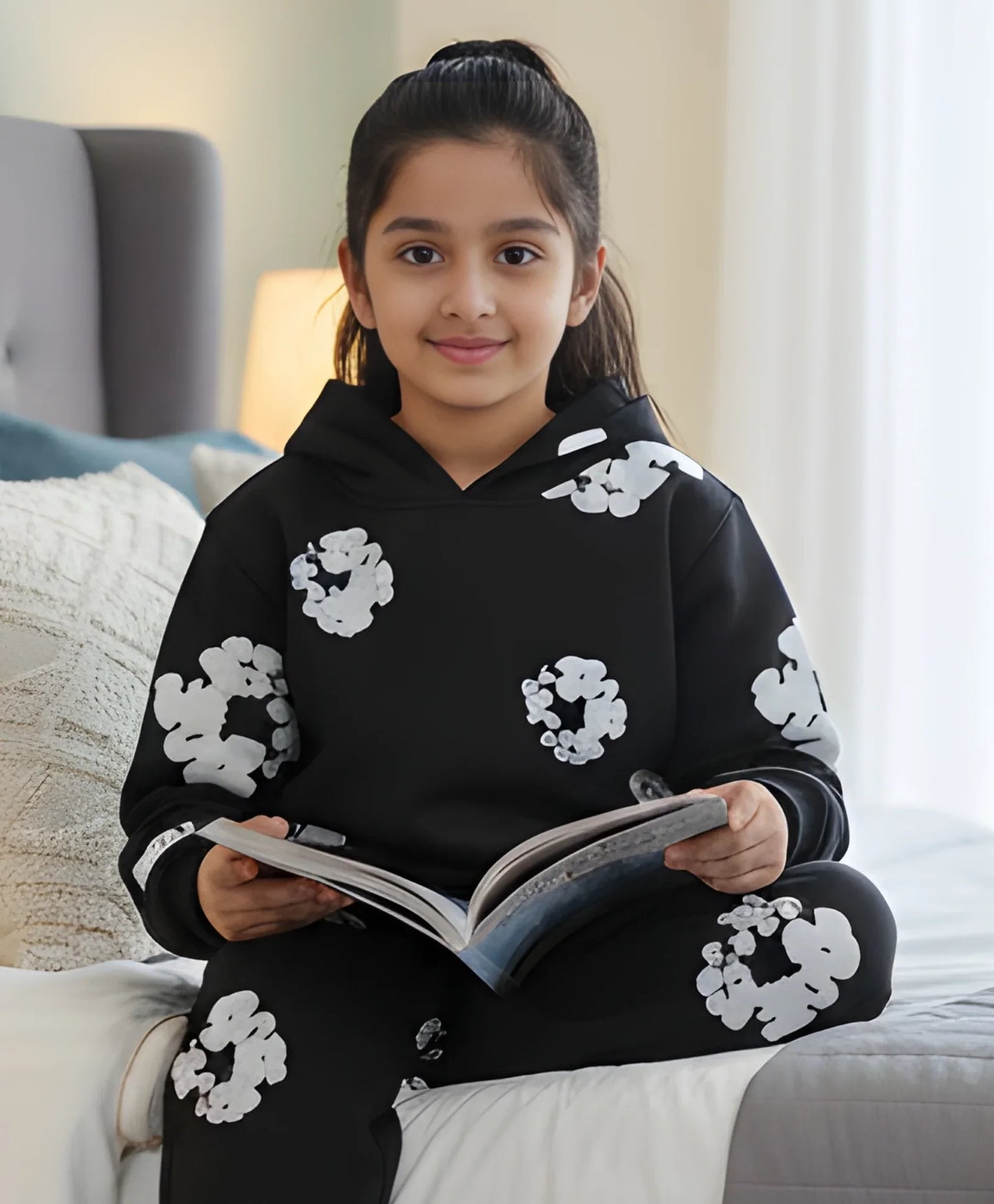 POP BLACK & WHITE GIRLS FLEECE HOODIE - BLACK