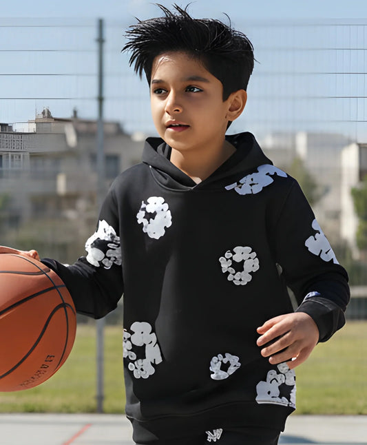 POP BLACK & WHITE BOYS FLEECE HOODIE - BLACK