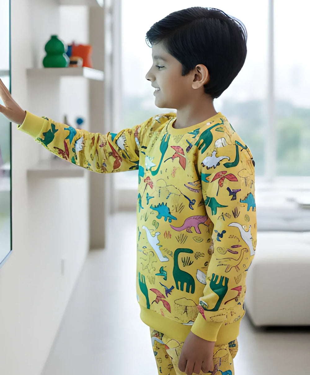 RAINING DINOSAUR BOYS FLEECE SWEATSHIRT - YELLOW - Anthrilo 