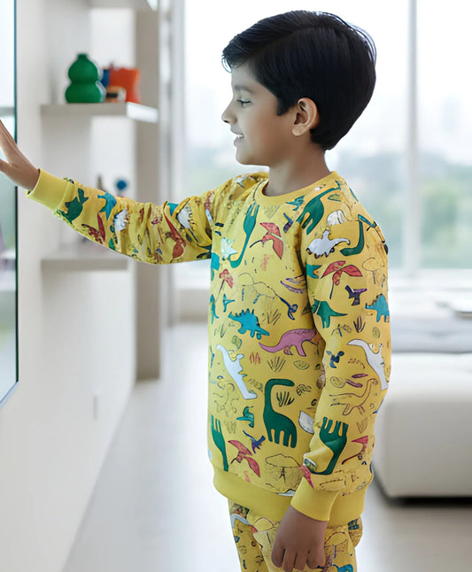 RAINING DINOSAUR BOYS FLEECE SWEATSHIRT - YELLOW