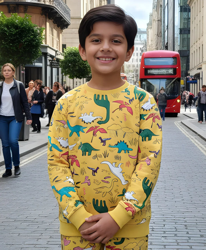 RAINING DINOSAUR BOYS FLEECE SWEATSHIRT - YELLOW - Anthrilo 