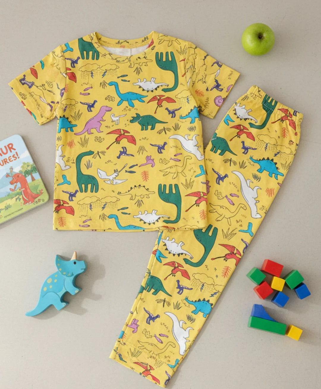 RAINING DINOSAUR SHORT SLEEVE  PYJAMA SET - YELLOW - Anthrilo 