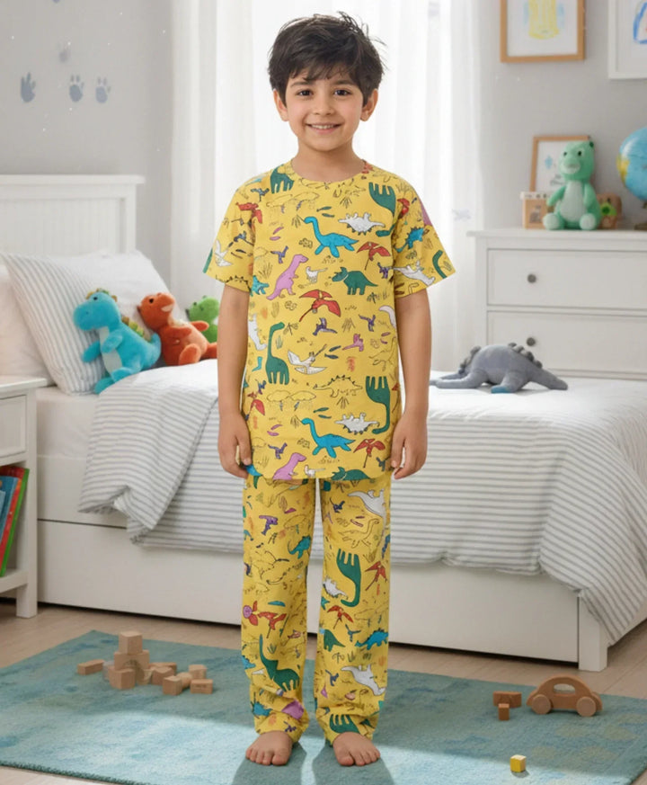 RAINING DINOSAUR SHORT SLEEVE  PYJAMA SET - YELLOW - Anthrilo 