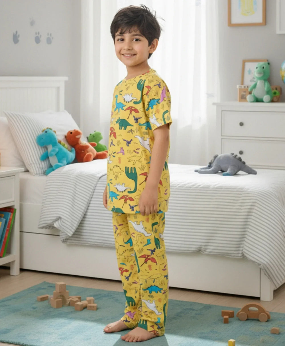 RAINING DINOSAUR SHORT SLEEVE  PYJAMA SET - YELLOW - Anthrilo 